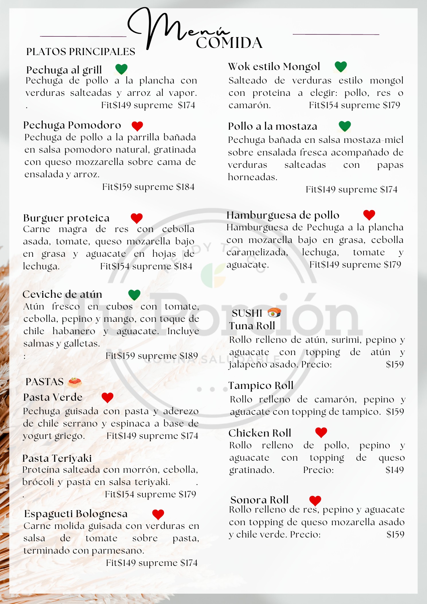 Menú de comida y platos principales Tu Porción