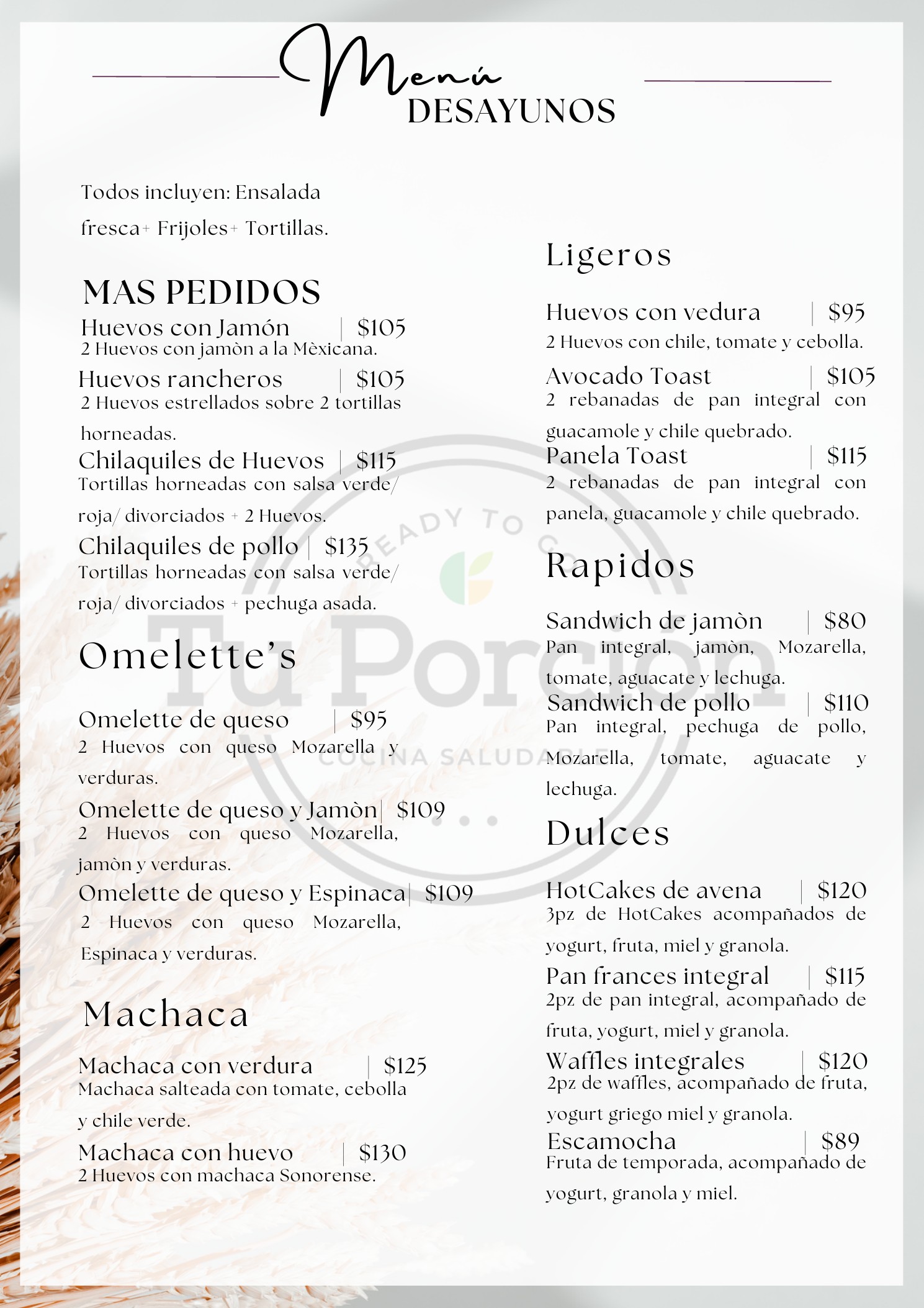 Menú de desayunos Tu Porción
