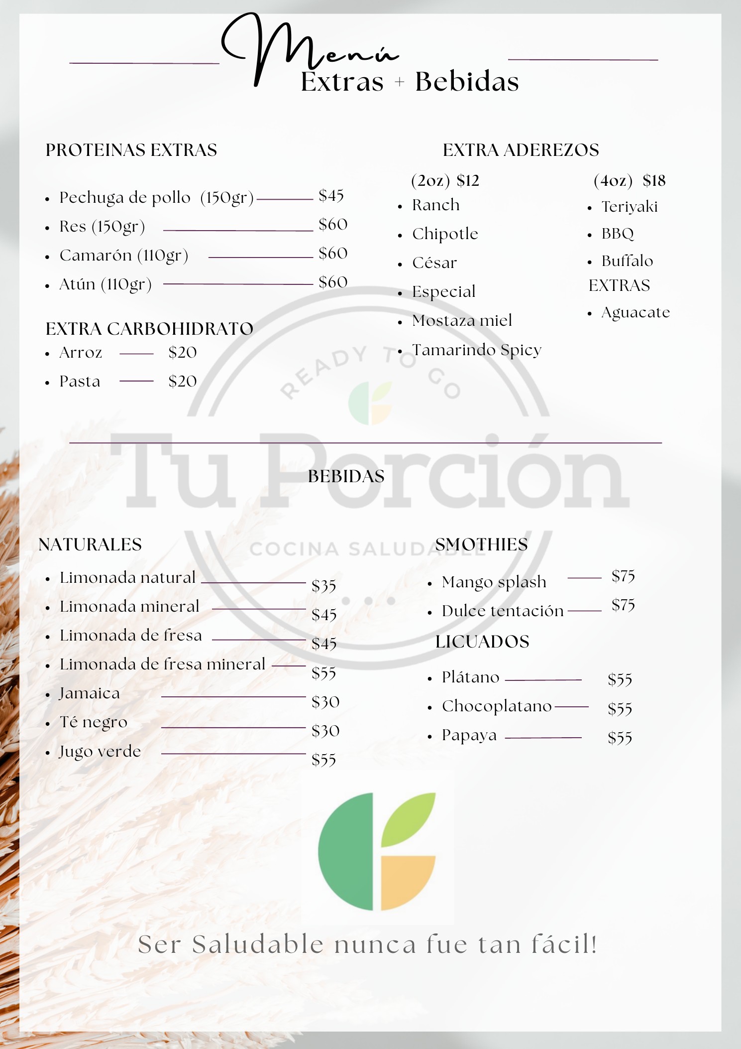 Menú de extras y bebidas Tu Porción