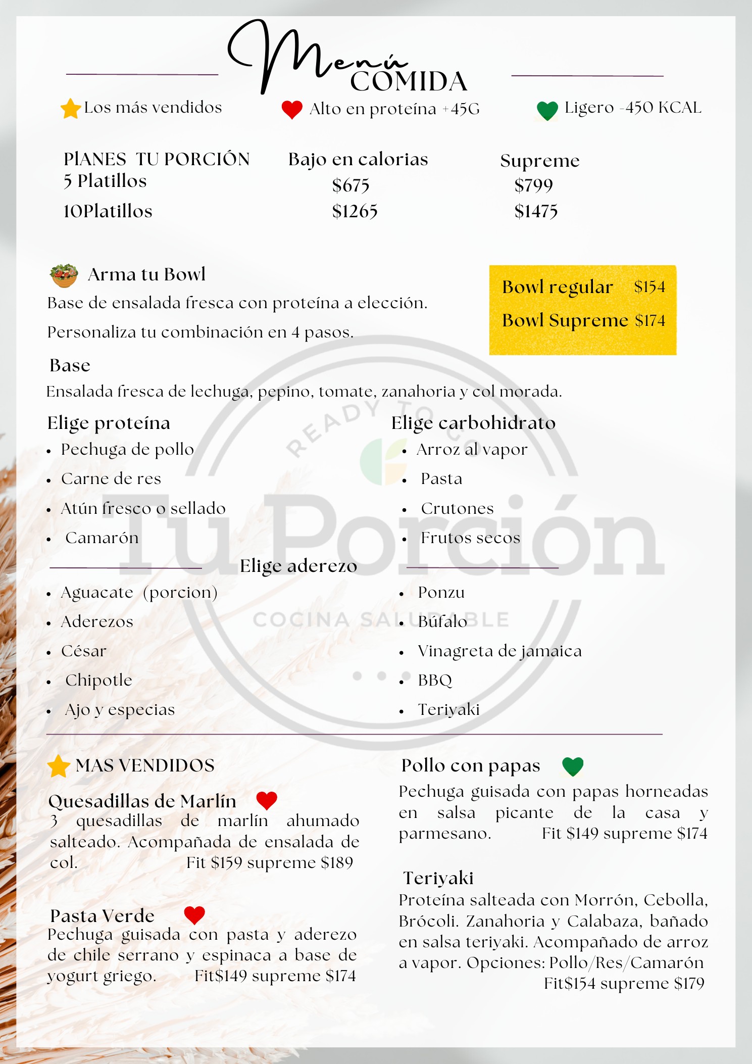 Menú de planes, bowls y favoritos Tu Porción